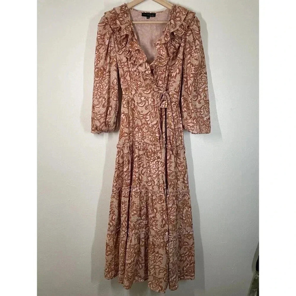 House of Harlow 1960 XS Aditi Wrap Pattern Maxi Dress Boho Ruffles Tiered Fall - Picture 1 of 13